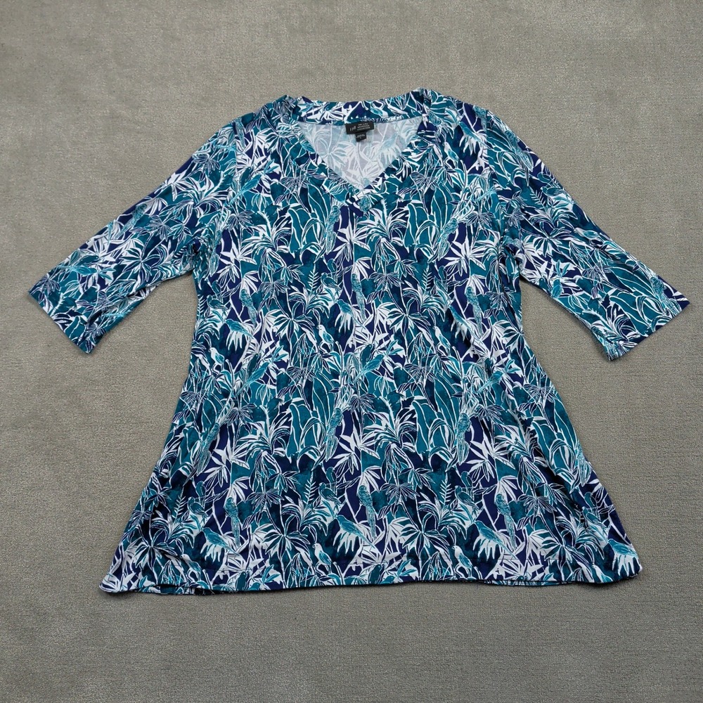 J.Jill Tunic Womens Large Teal Navy White Tropical Bird Wearever 3/4 Sleeve